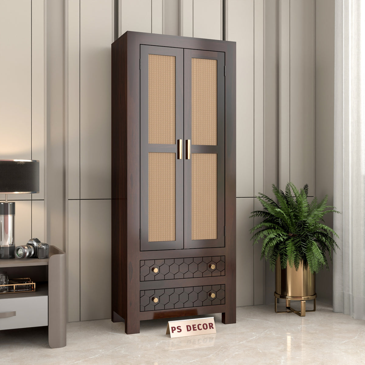 Kevia Sheesham Wood Bookshelf with Rattan Cane Doors & 2 Drawers (Walnut Finish)