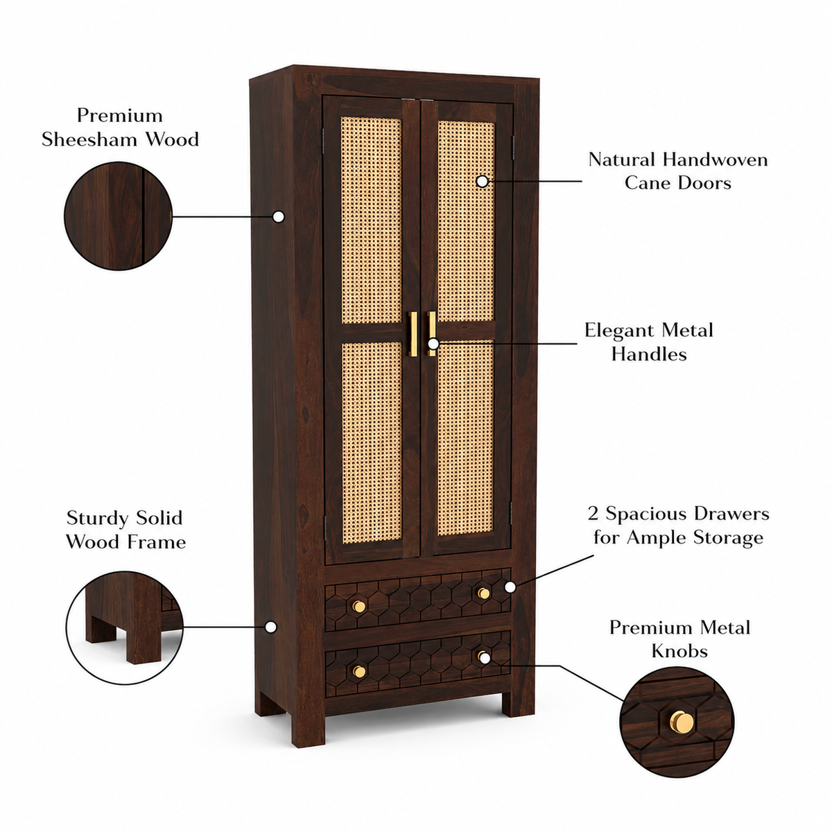 Kevia Sheesham Wood Bookshelf with Rattan Cane Doors & 2 Drawers (Walnut Finish)
