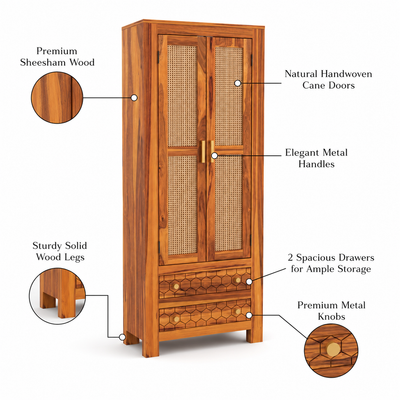 Kevia Sheesham Wood Bookshelf with Rattan Cane Doors & 2 Drawers (Natural Finish)