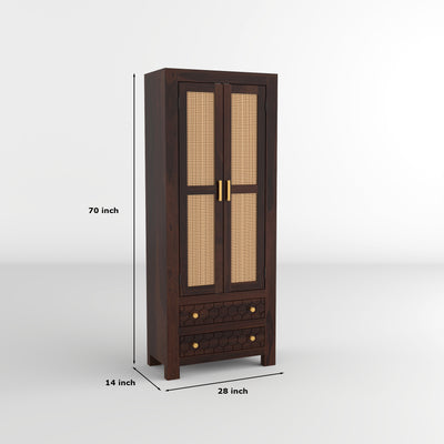 Kevia Sheesham Wood Bookshelf with Rattan Cane Doors & 2 Drawers (Walnut Finish)