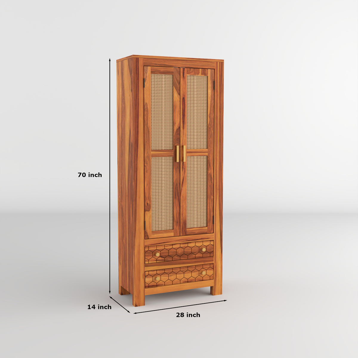 Kevia Sheesham Wood Bookshelf with Rattan Cane Doors & 2 Drawers (Natural Finish)