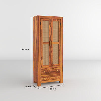 Kevia Sheesham Wood Bookshelf with Rattan Cane Doors & 2 Drawers (Natural Finish)