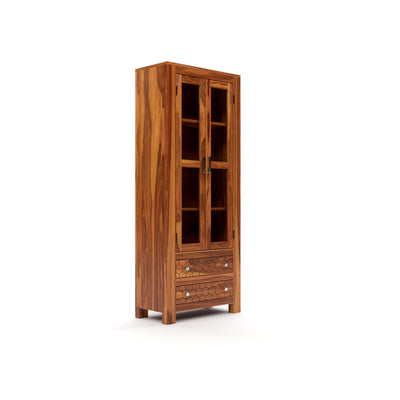 Kevia Sheesham Wood Bookshelf with Acrylic Glass Doors & 2 Drawers (Natural Finish)