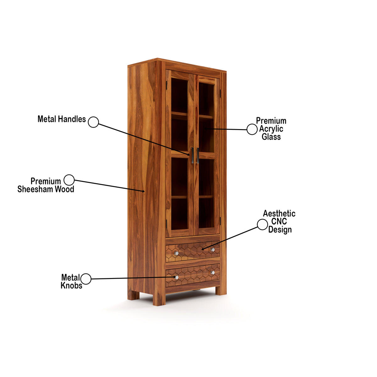 Kevia Sheesham Wood Bookshelf with Acrylic Glass Doors & 2 Drawers (Natural Finish)