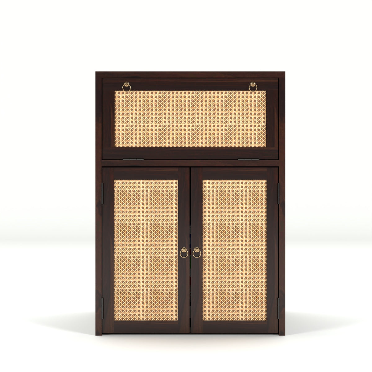 ARENA Sheesham Wood Inverter Cabinet with Rattan Cane Doors & Ventilated Storage Design (Walnut Finish)
