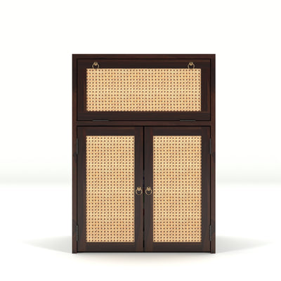 ARENA Sheesham Wood Inverter Cabinet with Rattan Cane Doors & Ventilated Storage Design (Walnut Finish)