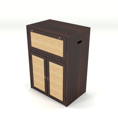 ARENA Sheesham Wood Inverter Cabinet with Rattan Cane Doors & Ventilated Storage Design (Walnut Finish)