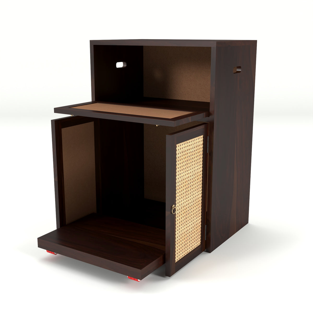 ARENA Sheesham Wood Inverter Cabinet with Rattan Cane Doors & Ventilated Storage Design (Walnut Finish)