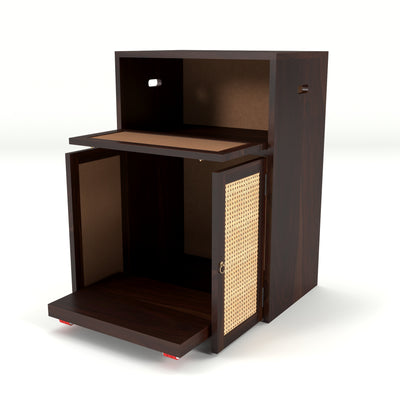 ARENA Sheesham Wood Inverter Cabinet with Rattan Cane Doors & Ventilated Storage Design (Walnut Finish)
