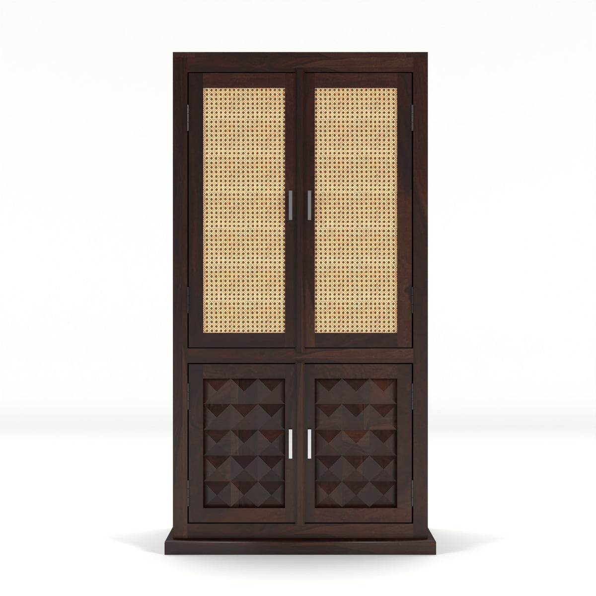 Goldenza Sheesham Wood Bookshelf Cabinet with Rattan Cane Doors & Multipurpose Storage (Walnut Finish)