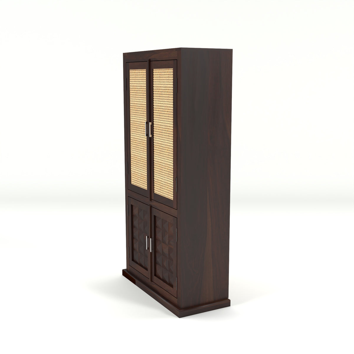 Goldenza Sheesham Wood Bookshelf Cabinet with Rattan Cane Doors & Multipurpose Storage (Walnut Finish)