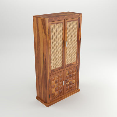 Goldenza Sheesham Wood Bookshelf Cabinet with Rattan Cane Doors & Multipurpose Storage (Natural Finish)