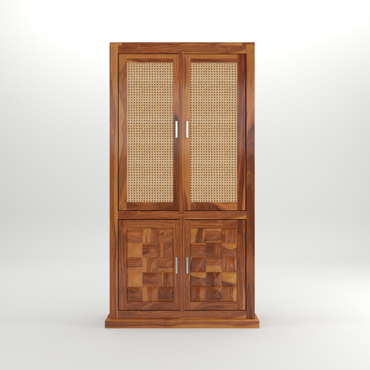 Goldenza Sheesham Wood Bookshelf Cabinet with Rattan Cane Doors & Multipurpose Storage (Natural Finish)