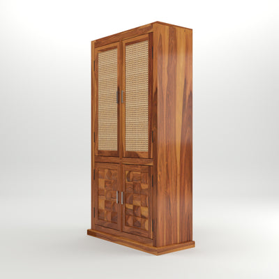 Goldenza Sheesham Wood Bookshelf Cabinet with Rattan Cane Doors & Multipurpose Storage (Natural Finish)