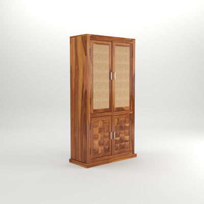 Goldenza Sheesham Wood Bookshelf Cabinet with Rattan Cane Doors & Multipurpose Storage (Natural Finish)