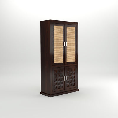 Goldenza Sheesham Wood Bookshelf Cabinet with Rattan Cane Doors & Multipurpose Storage (Walnut Finish)