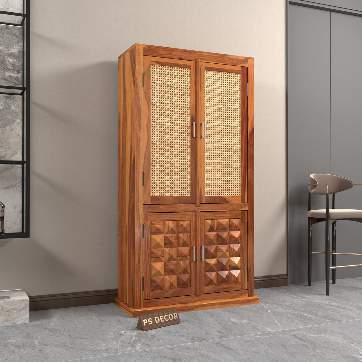 Goldenza Sheesham Wood Bookshelf Cabinet with Rattan Cane Doors & Multipurpose Storage (Natural Finish)