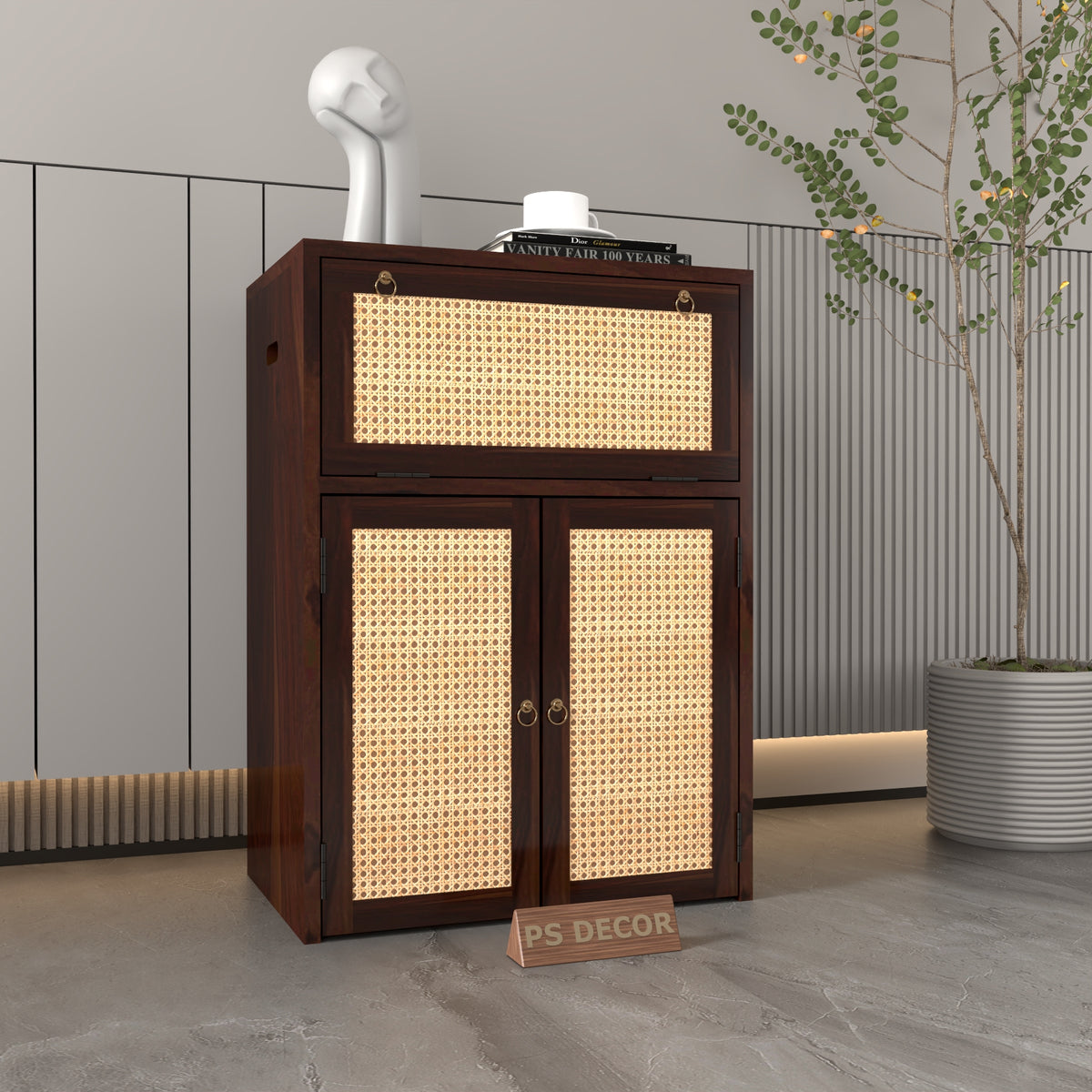 ARENA Sheesham Wood Inverter Cabinet with Rattan Cane Doors & Ventilated Storage Design (Walnut Finish)