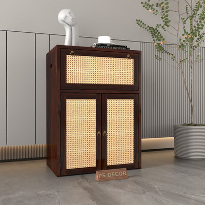 ARENA Sheesham Wood Inverter Cabinet with Rattan Cane Doors & Ventilated Storage Design (Walnut Finish)