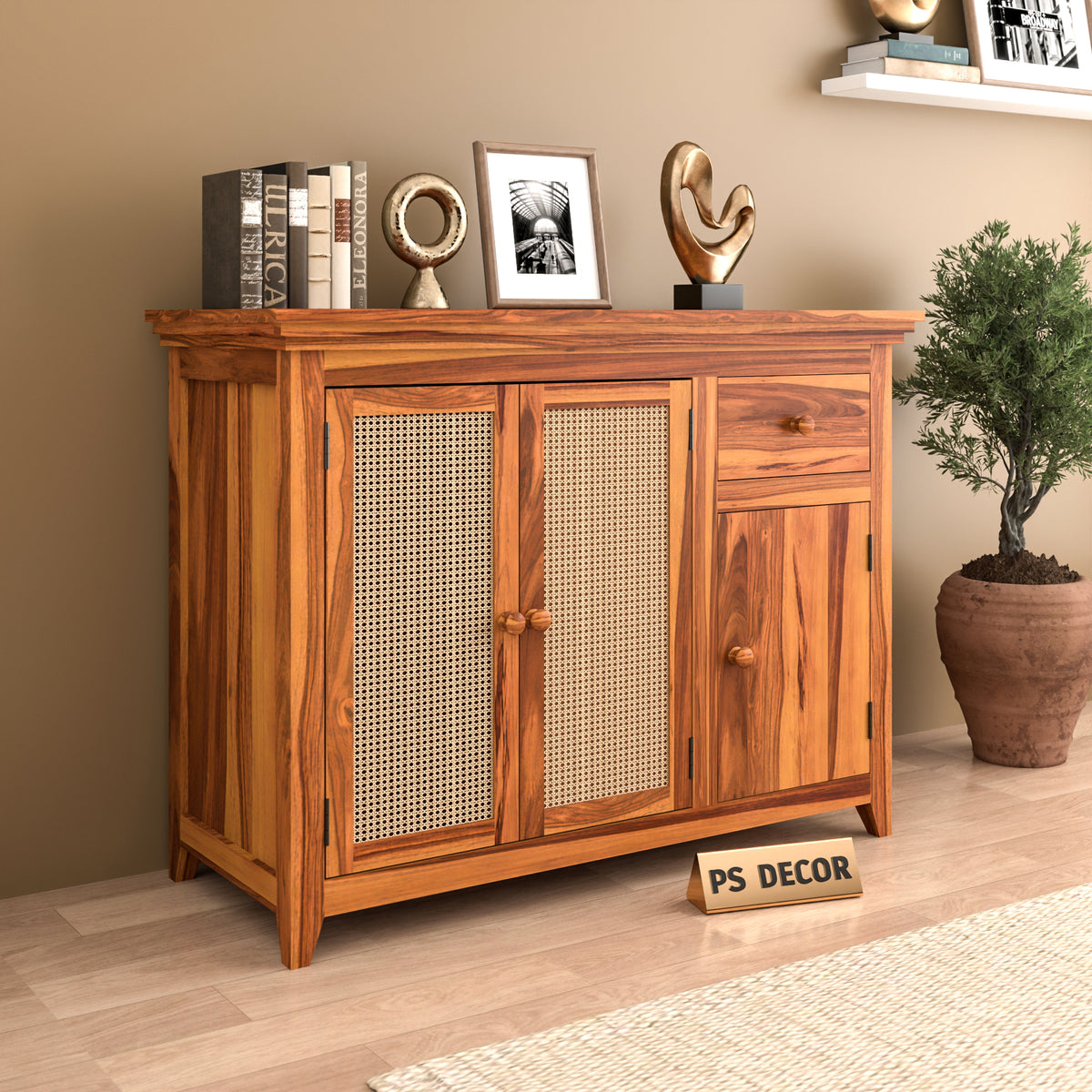 Drakelford Kitchen Cabinet With Rattan Cane (Natural Finish)