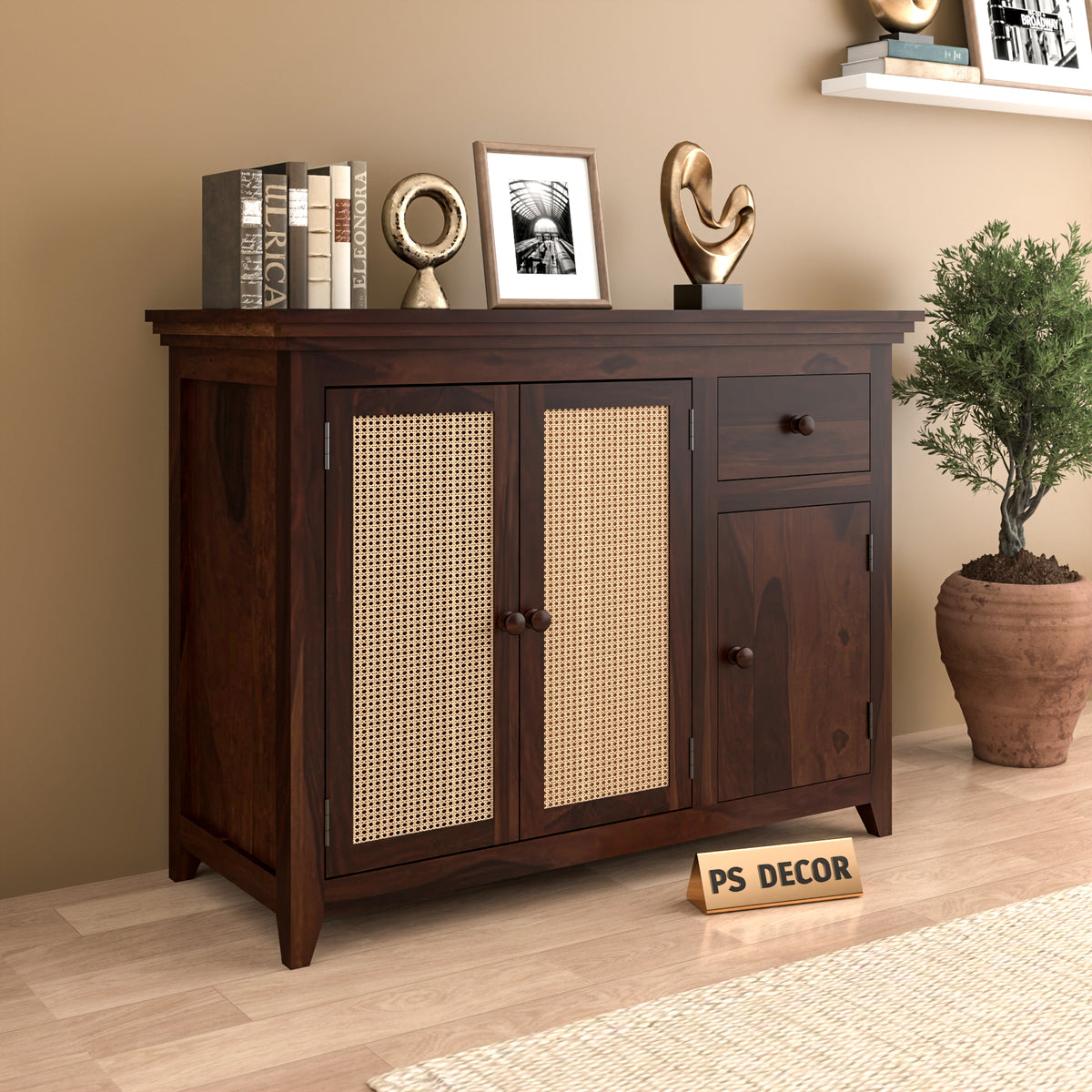 Drakelford Kitchen Cabinet With Rattan Cane (Walnut Finish)