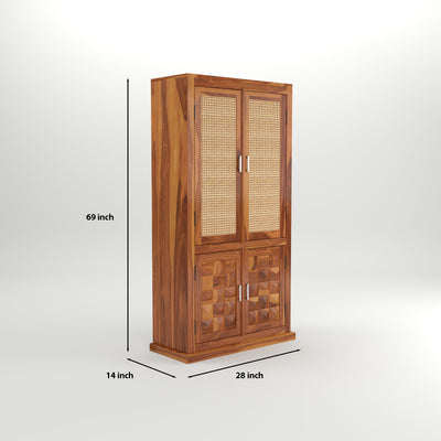 Goldenza Sheesham Wood Bookshelf Cabinet with Rattan Cane Doors & Multipurpose Storage (Natural Finish)
