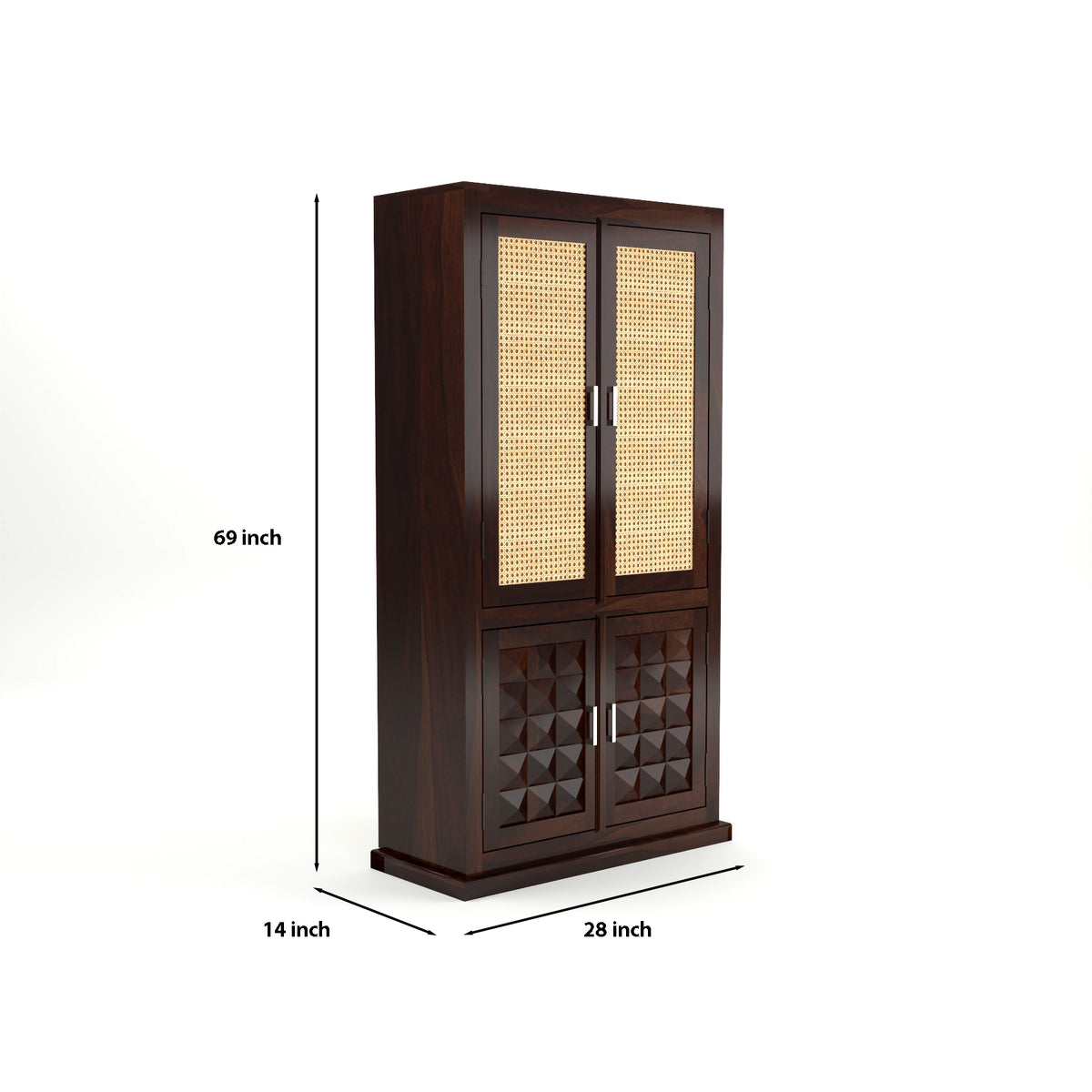 Goldenza Sheesham Wood Bookshelf Cabinet with Rattan Cane Doors & Multipurpose Storage (Walnut Finish)