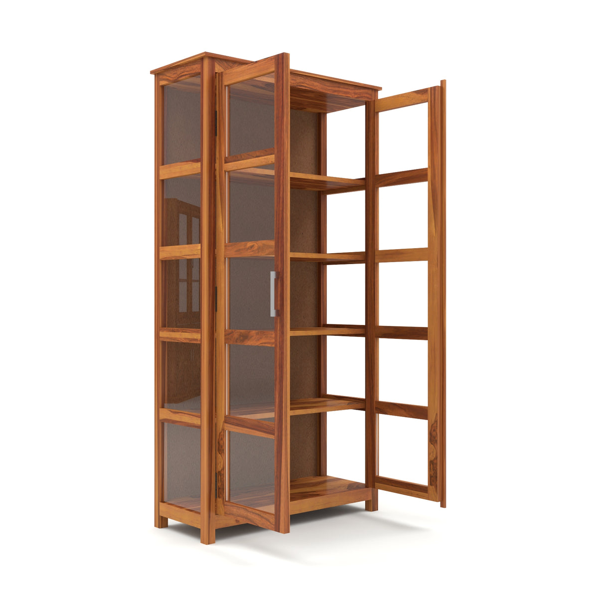 Valorello Sheesham Wood Bookshelf with Acrylic Glass Doors & Multipurpose Storage Shelves (Natural Finish)