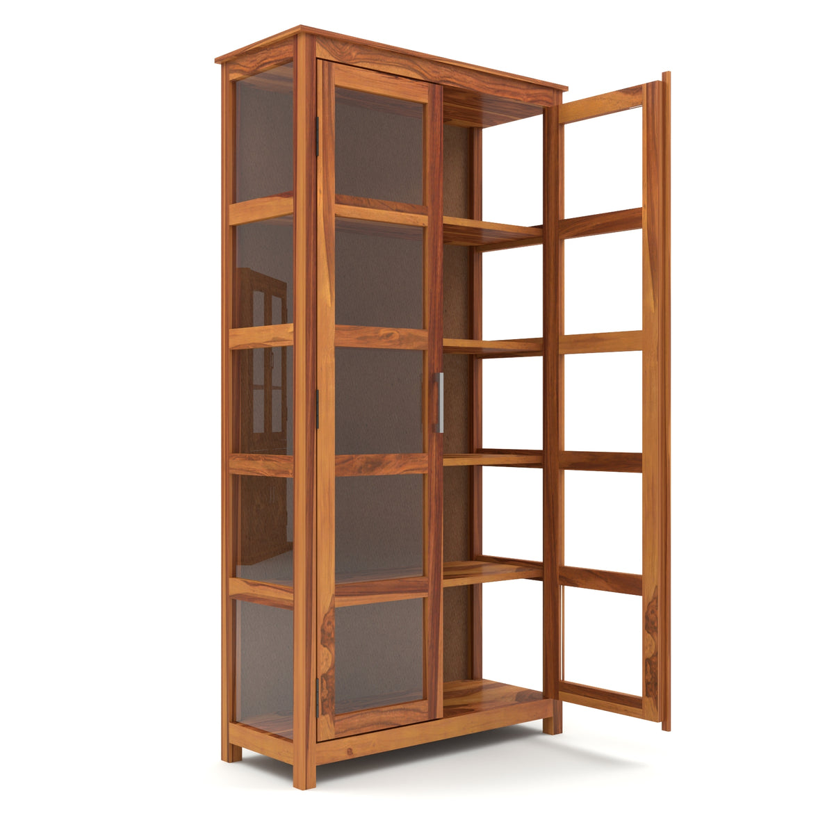 Valorello Sheesham Wood Bookshelf with Acrylic Glass Doors & Multipurpose Storage Shelves (Natural Finish)