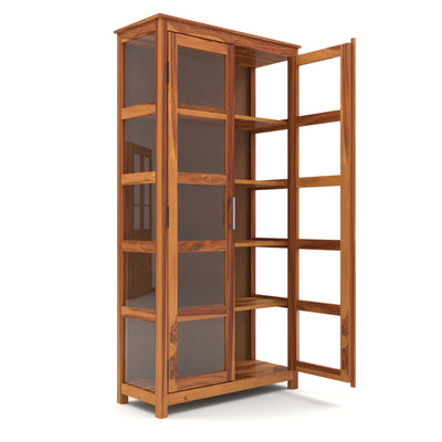 Valorello Sheesham Wood Bookshelf with Acrylic Glass Doors & Multipurpose Storage Shelves (Natural Finish)