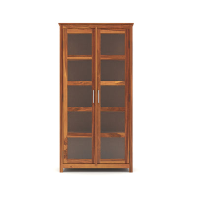 Valorello Sheesham Wood Bookshelf with Acrylic Glass Doors & Multipurpose Storage Shelves (Natural Finish)