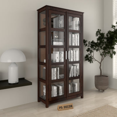 Valorello Sheesham Wood Bookshelf with Acrylic Glass Doors & Multipurpose Storage Shelves (Walnut Finish)