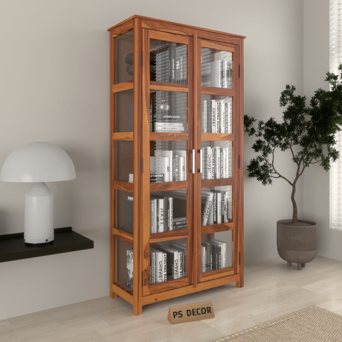 Valorello Sheesham Wood Bookshelf with Acrylic Glass Doors & Multipurpose Storage Shelves (Natural Finish)