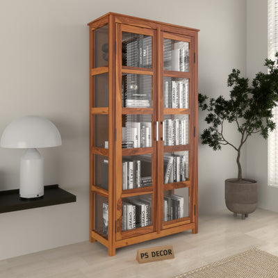 Valorello Sheesham Wood Bookshelf with Acrylic Glass Doors & Multipurpose Storage Shelves (Natural Finish)