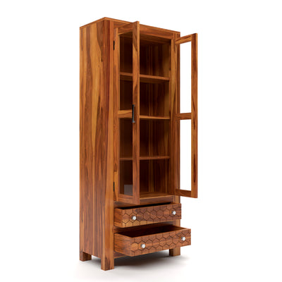 Kevia Sheesham Wood Bookshelf with Acrylic Glass Doors & 2 Drawers (Natural Finish)