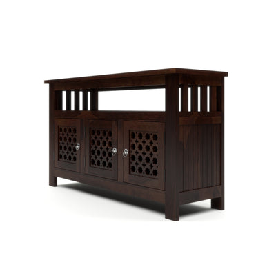 Arehaven Sheesham Wood Kitchen Cabinet with 3-Door Carved Design & Open Storage Shelf (Walnut Finish)