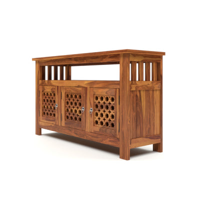 Arehaven Sheesham Wood Kitchen Cabinet with 3-Door Carved Design & Open Storage Shelf (Natural Finish)