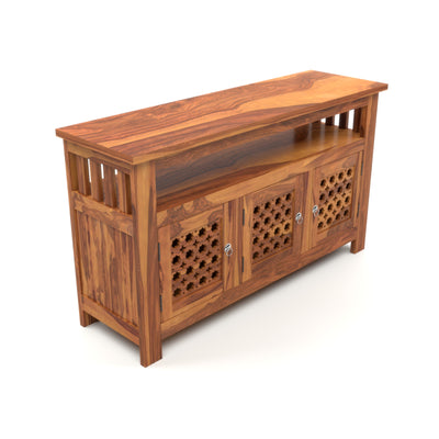 Arehaven Sheesham Wood Kitchen Cabinet with 3-Door Carved Design & Open Storage Shelf (Natural Finish)