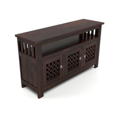 Arehaven Sheesham Wood Kitchen Cabinet with 3-Door Carved Design & Open Storage Shelf (Walnut Finish)