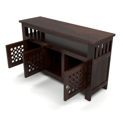 Arehaven Sheesham Wood Kitchen Cabinet with 3-Door Carved Design & Open Storage Shelf (Walnut Finish)