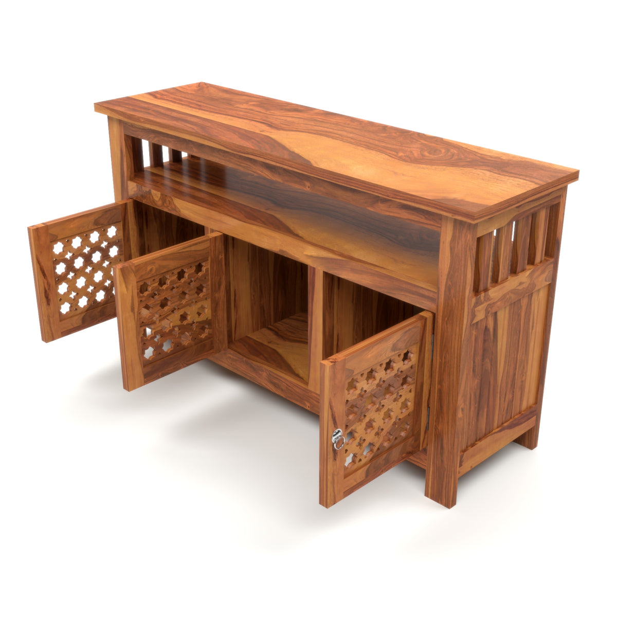 Arehaven Sheesham Wood Kitchen Cabinet with 3-Door Carved Design & Open Storage Shelf (Natural Finish)