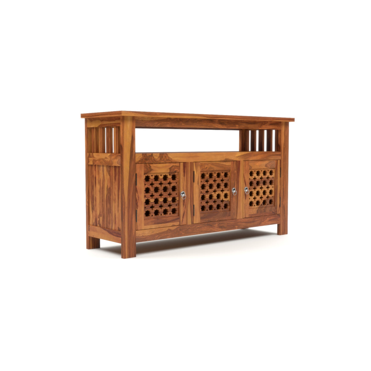Arehaven Sheesham Wood Kitchen Cabinet with 3-Door Carved Design & Open Storage Shelf (Natural Finish)