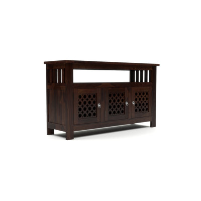 Arehaven Sheesham Wood Kitchen Cabinet with 3-Door Carved Design & Open Storage Shelf (Walnut Finish)