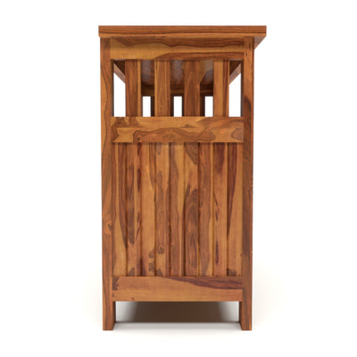Arehaven Sheesham Wood Kitchen Cabinet with 3-Door Carved Design & Open Storage Shelf (Natural Finish)