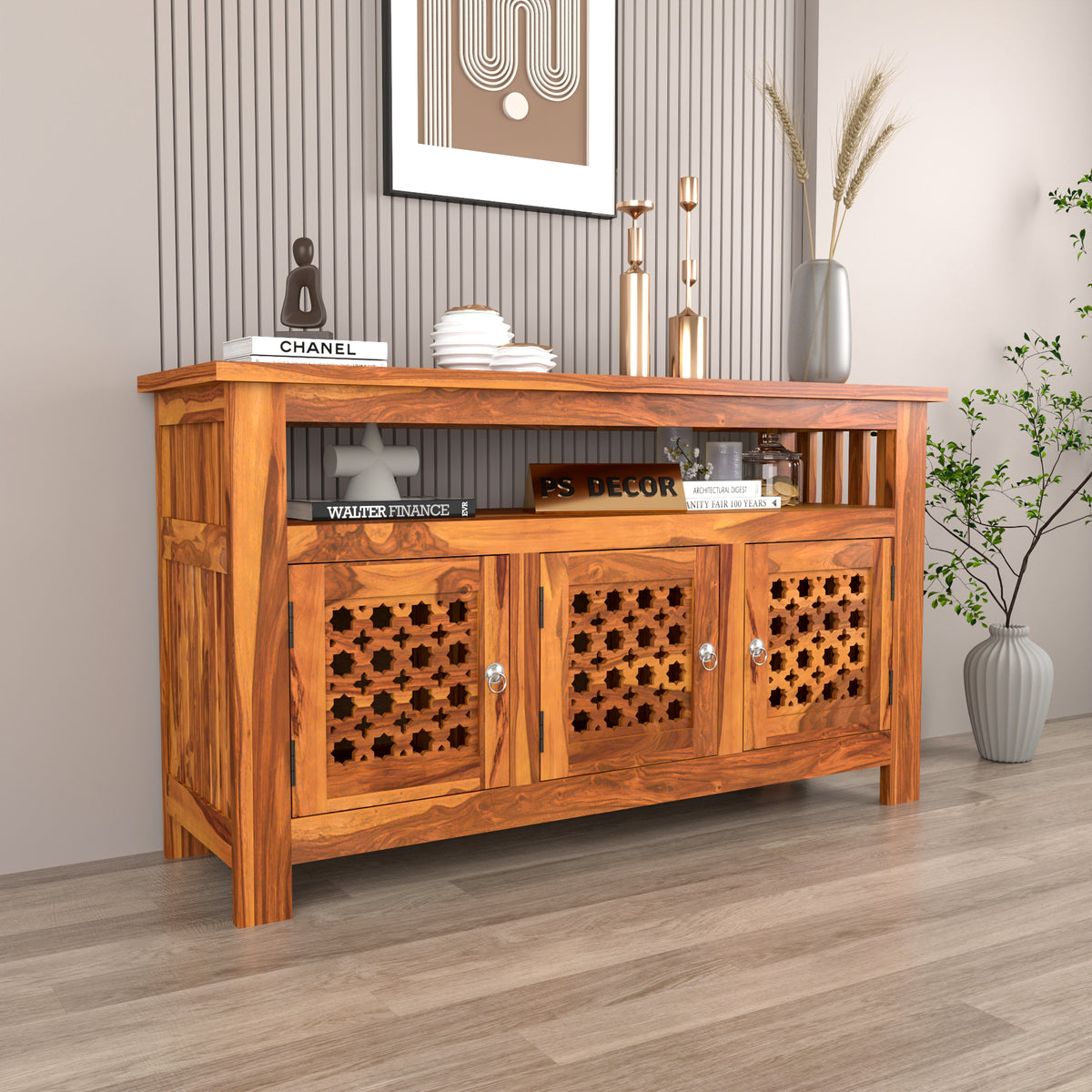 Arehaven Sheesham Wood Kitchen Cabinet with 3-Door Carved Design & Open Storage Shelf (Natural Finish)