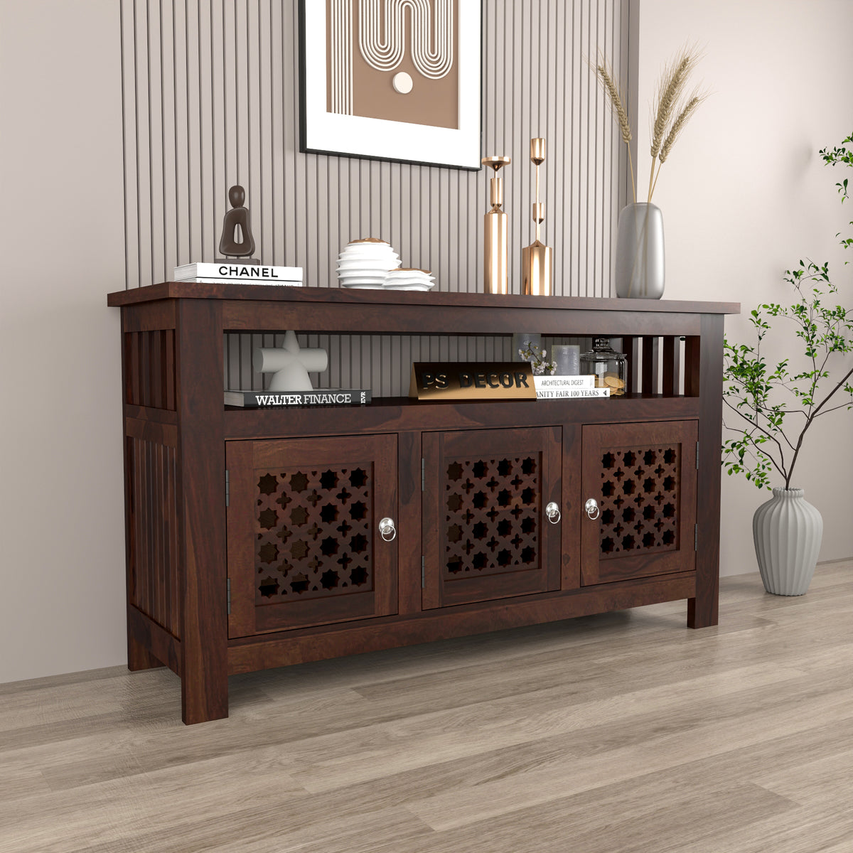 Arehaven Sheesham Wood Kitchen Cabinet with 3-Door Carved Design & Open Storage Shelf (Walnut Finish)