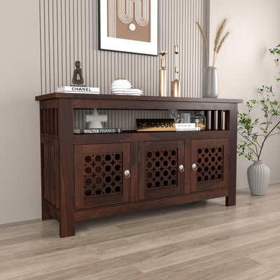 Arehaven Sheesham Wood Kitchen Cabinet with 3-Door Carved Design & Open Storage Shelf (Walnut Finish)