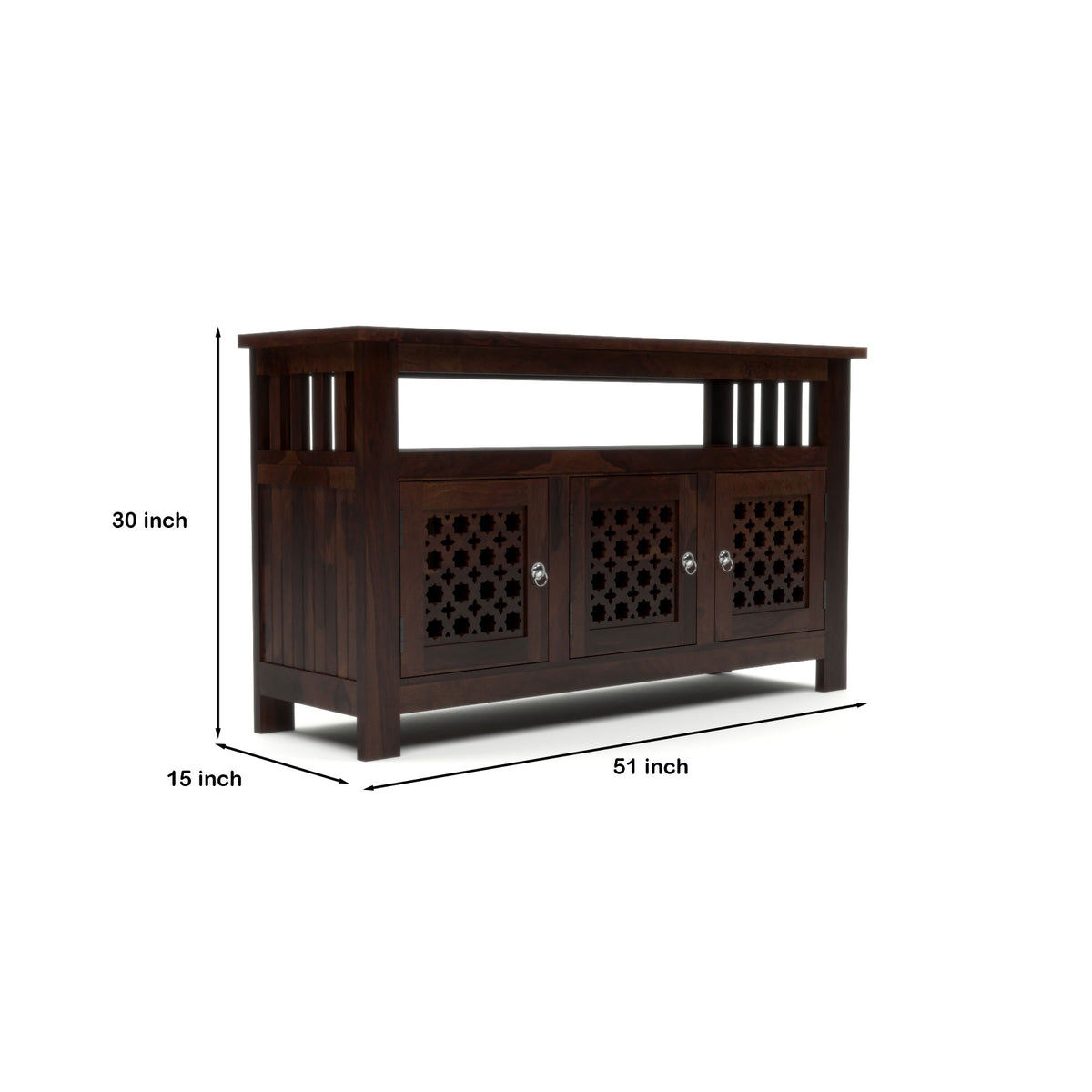 Arehaven Sheesham Wood Kitchen Cabinet with 3-Door Carved Design & Open Storage Shelf (Walnut Finish)