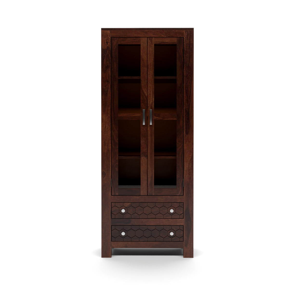 Kevia Sheesham Wood Bookshelf with Acrylic Glass Doors & 2 Drawers (Walnut Finish)
