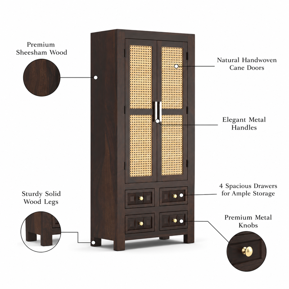 Jarello Sheesham Wood Bookshelf with Rattan Cane Doors & 4 Drawers (Walnut Finish)
